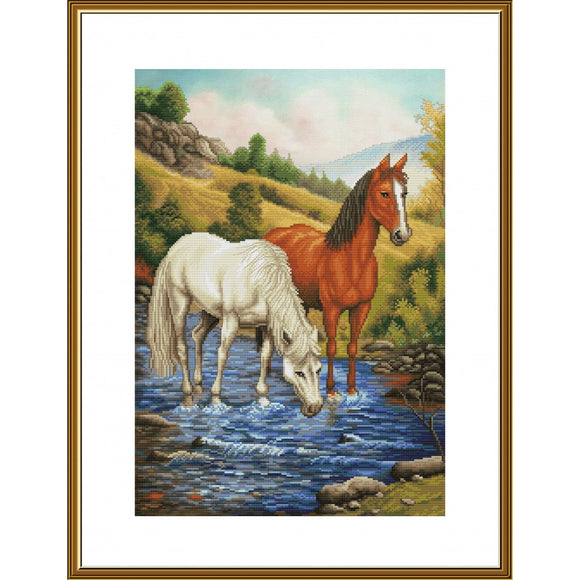 horses at the watering hole Cross Stitch Kit Nova Sloboda