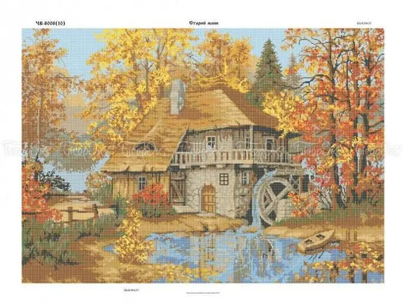 Bead EMBROIDERY Old mill in autumn