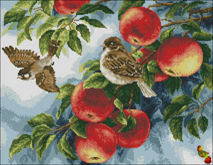 DIY Bead Embroidery kit Sparrows in apples