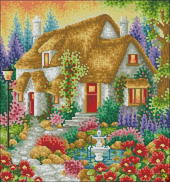 House with a fountain in the garden DIY Bead Embroidery kit