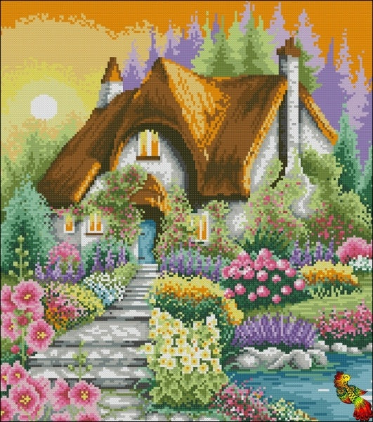 DIY Bead Embroidery kit House in the rays of a golden sunset