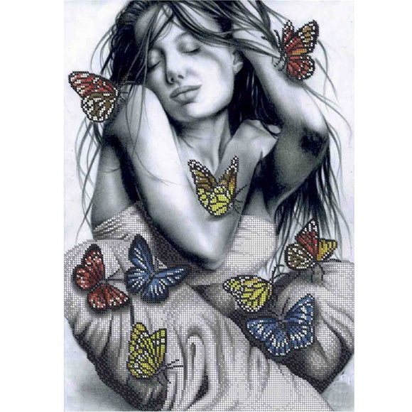 Bead Embroidery Kit GIRL WITH BUTTERFLIES Beadwork - Marlena.shop