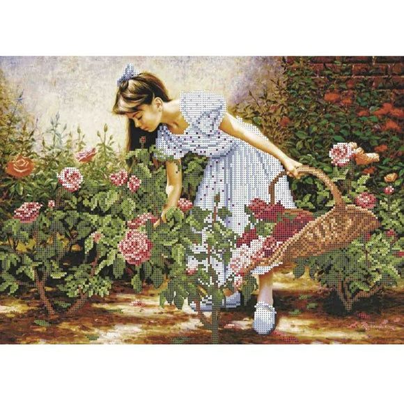 Bead Embroidery Kit baby girl in garden Beadwork - Marlena.shop