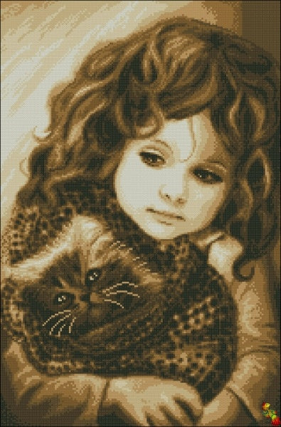 Bead Embroidery kit A girl with a kitten