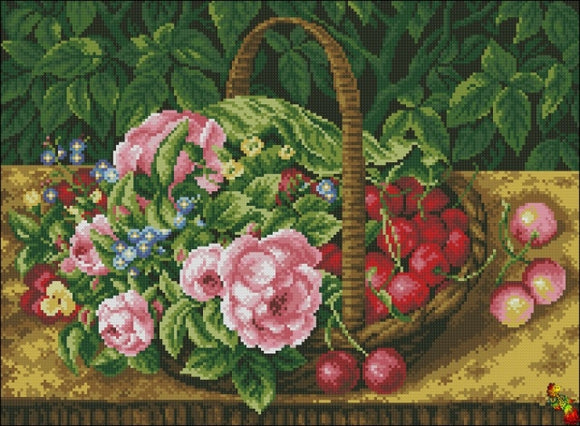 Basket of flowers and cherries DIY Bead Embroidery kit