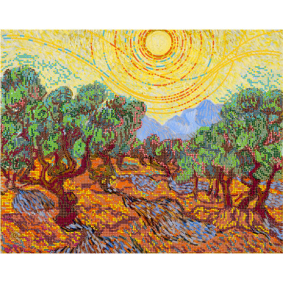 Bead Embroidery Kit Vincent Van Gogh Olive trees with yellow sky and sun beads - Marlena.shop