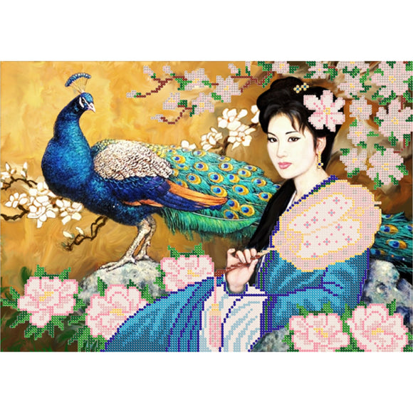 Bead Embroidery kit Asian Eastern Woman Geisha Peacock beading - Marlena.shop
