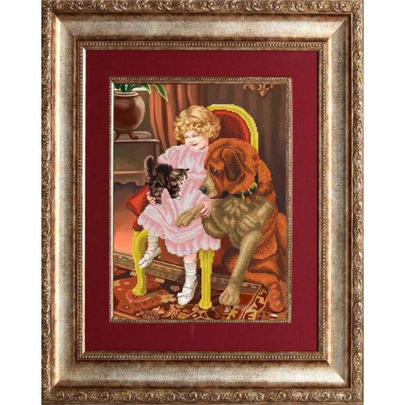 Bead Embroidery Kit, DIY picture, Needlepoint Girl Dog Cat, - Marlena.shop