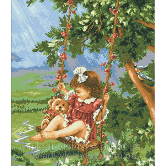 Bead embroidery art childhood girl swing DIY - Marlena.shop