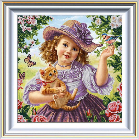 Bead Embroidery kit girl and cat DIY Needlework - Marlena.shop