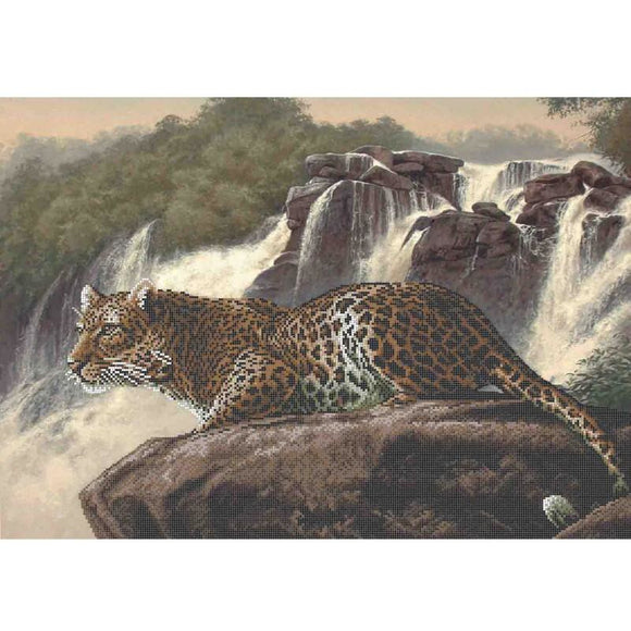 Bead Embroidery Kit DIY picture LEOPARD AT THE WATERFALL - Marlena.shop