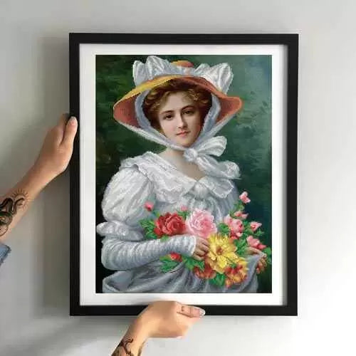 Bead Embroidery Kit Elegant lady with a bouquet of roses, thin. Emily Vernon