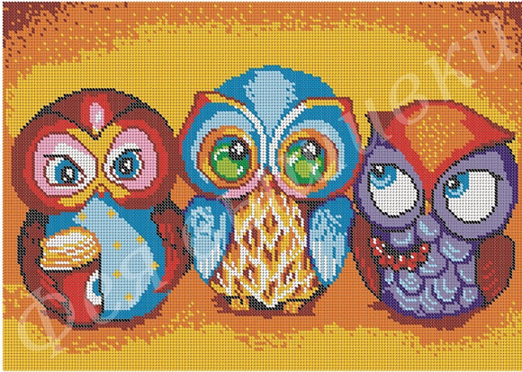 Bead kit three colored owls DIY Bead Embroidery Kit